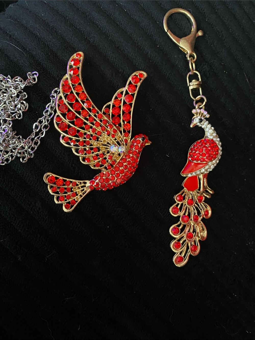 Red Crystal Bird Pendant Necklace and Peacock Charm - Women Jewelry